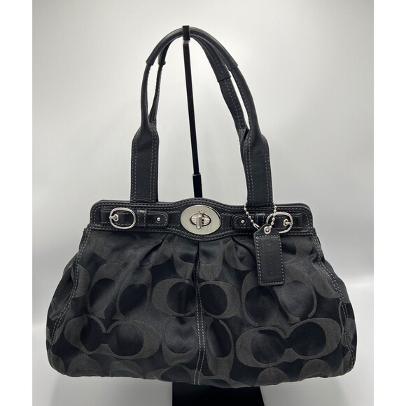 Coach Signature Sateen Garnet Satchel Shoulder Bag Silver/Black No F13906 - Picture 1 of 15